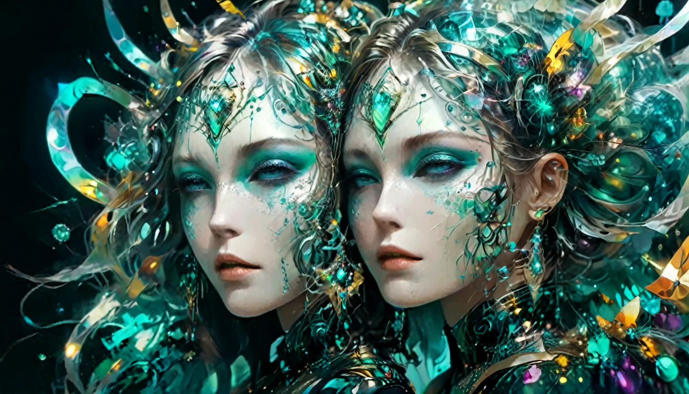 fractal sexual attraction, algorithmic eroticism, psychedelic geometric patterns, abstract digital art, procedurally generated, amber and teal colors, bioluminescent, glowing, iridescent, dynamic asymmetry, hypnotic, ((silhouette of suggestive woman super imposed on the art:1.2)) , (best quality,4k,8k,highres,masterpiece:1.2),ultra-detailed,(realistic,photorealistic,photo-realistic:1.37),concept art, psychedelic, surreal, dreamlike