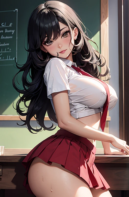 masterpiece, best quality, best lighting, shadows, dynamic angle, front view, perfect anatomy, 1 girl, 21 years old, mature features, black wavy hair, black eyes, seductive eyes, blushing, flirty, pretty smile, tiny red skirt, white tight shirt, semi open shirt, black thigh highs, classroom background, ass, breast, thighs, nsfw,