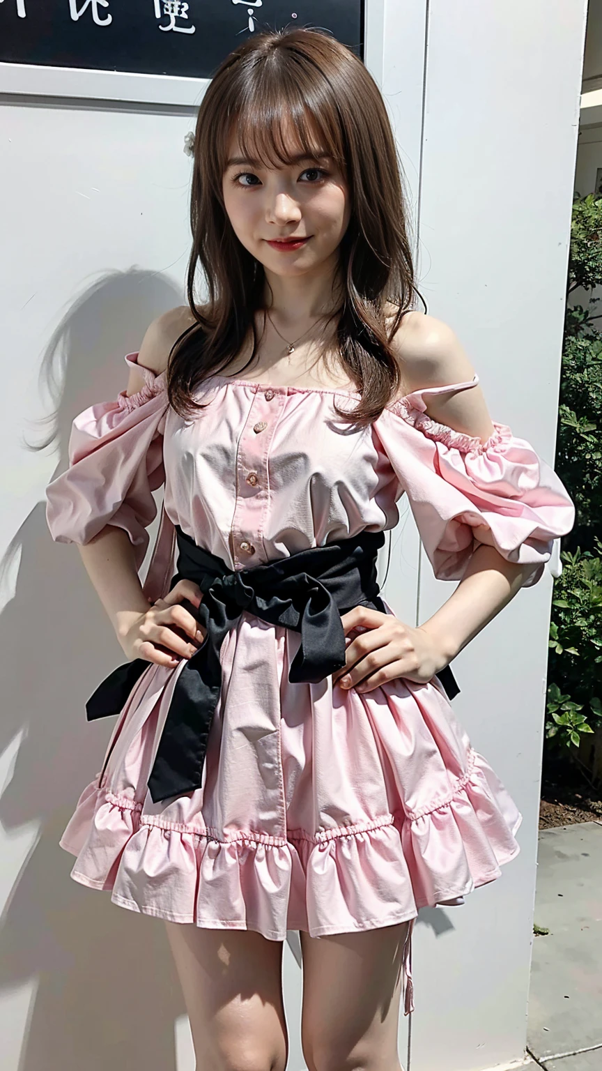 (8K、RAW Photos、Highest quality、masterpiece:1.2)、(Realistic、Realistic)、1 Girl、((Black and pink dress、Fluttering Hair、Stand with hands on hips、Big Breasts、View from the front、Are standing、))、smile、Lots of eyelashes、Add shine to your eyelids、skeletally correct、underwear、yui oguri、Oguri has a name、Cleavage