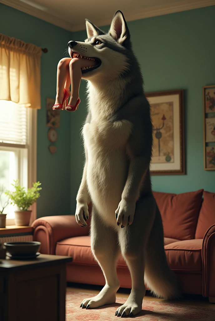 “A tall wolf mascot stands in a living room, tilting its head up and back with a pair of women's legs with high heels protruding up out from within its mouth, between its jaws.”