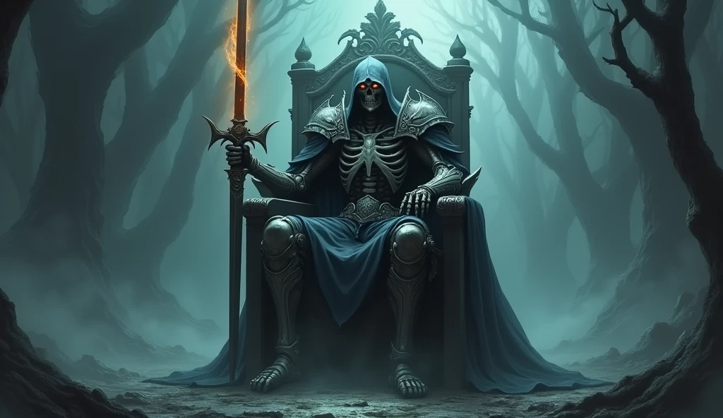 Image of a skeleton sitting on a stone throne, In the old castle, A complete but very old skeleton, Realistic picture, highest resolution, 16K, Skeleton of a winged demon, Small pieces of armor, The horns that grow out of the skull like a crown, Skeleton with angel and devil wings, A skeleton with giant demon wings, Amazing wings, Winged female skeleton, Interior scene of an ancient castle, castle ruins, Skeleton of the Demon God, Magic, magic, Fantasy, 