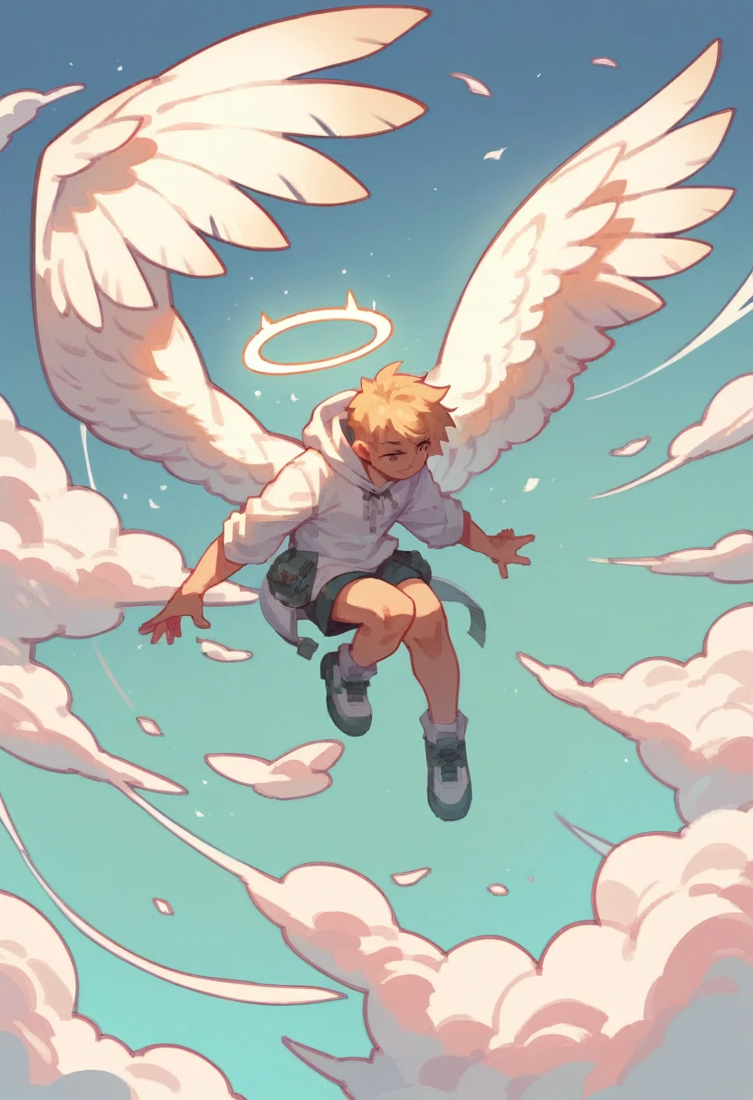 Young boy, preteen boy, slim build, shirtless, no pants, light pink underwear, light pink boxer briefs, light pink briefs, white knee high socks, knee high socks, angel wings, blonde curly hair , blue eyes, flying over city, aiming bow an arrow at the city, 