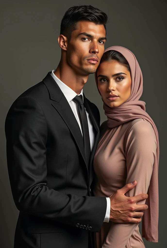 27 years old man with a , man wear black suit slim smart normal body , woman age 29 , Muslim woman on the side