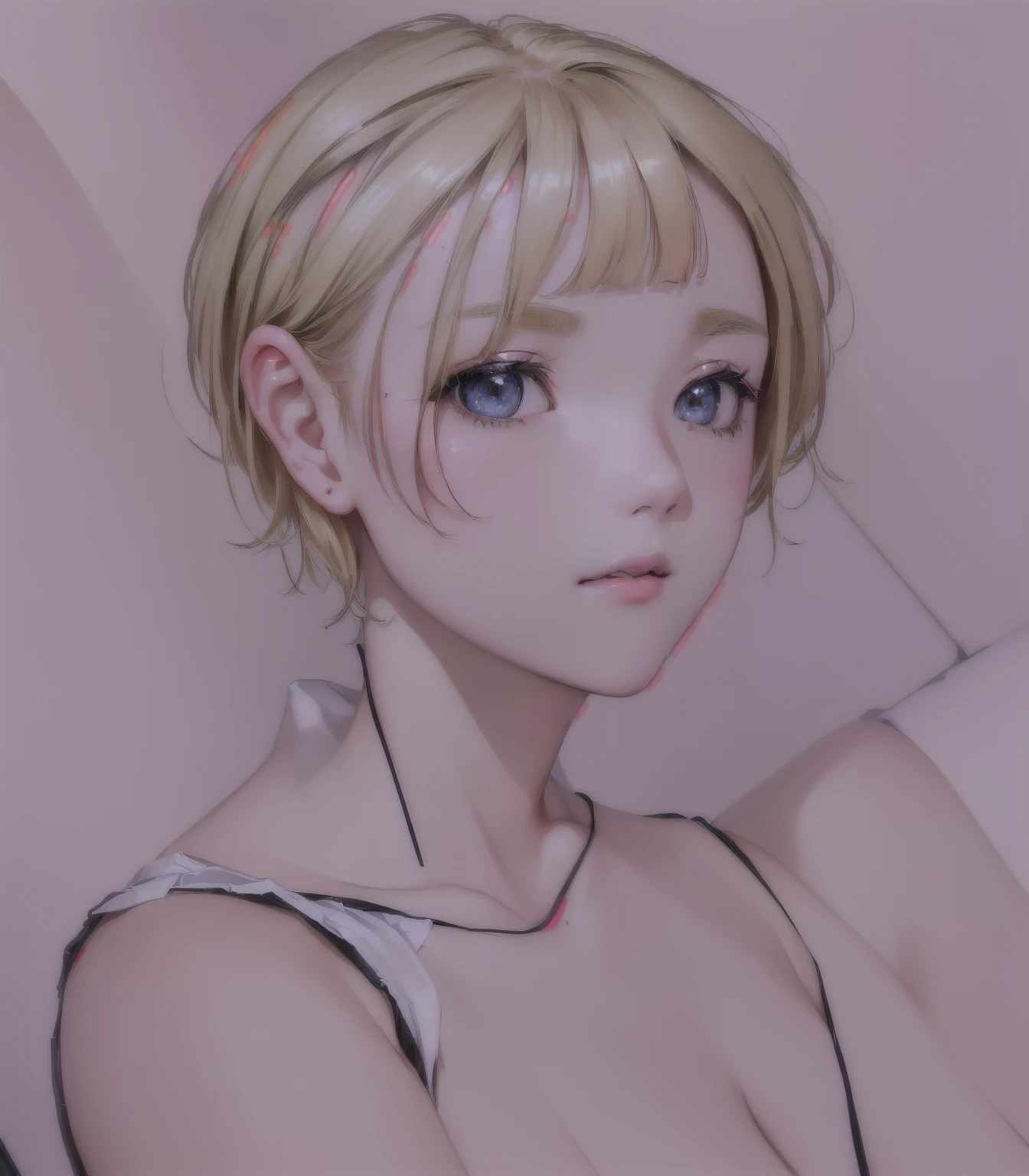 blonde, short hair, girl1, in the Living room, sofa, upper body, completely nude, (small nipples:1.2), (small areolas:1.2), kawaii, cute, pale purple eyes,(shy), (blush),light smile, (White nude apron:1.2),