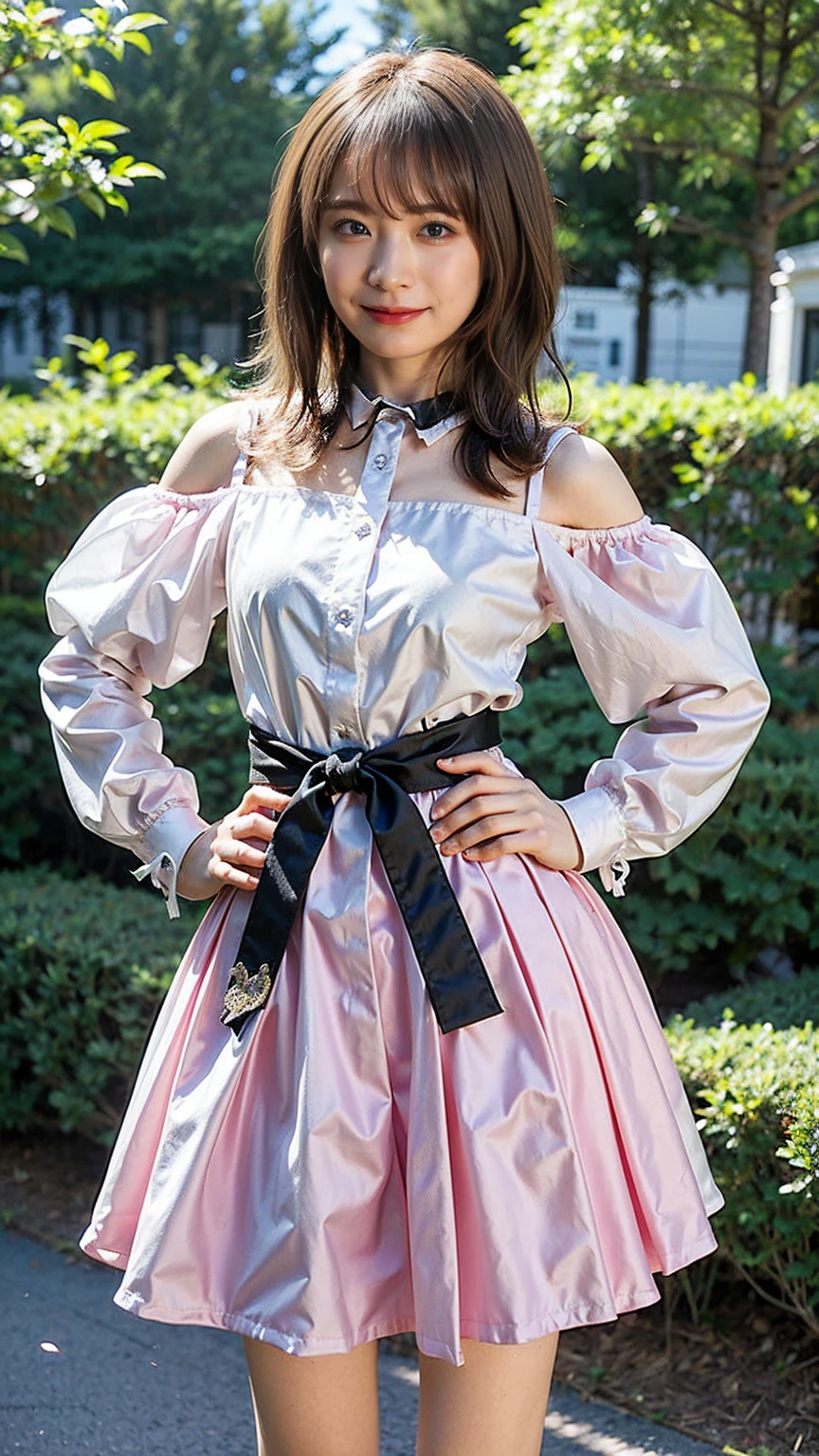 (8K、RAW Photos、Highest quality、masterpiece:1.2)、(Highest quality、Realistic)、1 Girl、((Frills、See-through、Off the shoulder、Idol Costume、tights、pink and black mini skirt、Thin legs、whole body、boots、garden、View from the front、Looking into the camera、ribbon、Stand with hands on hips))、cute