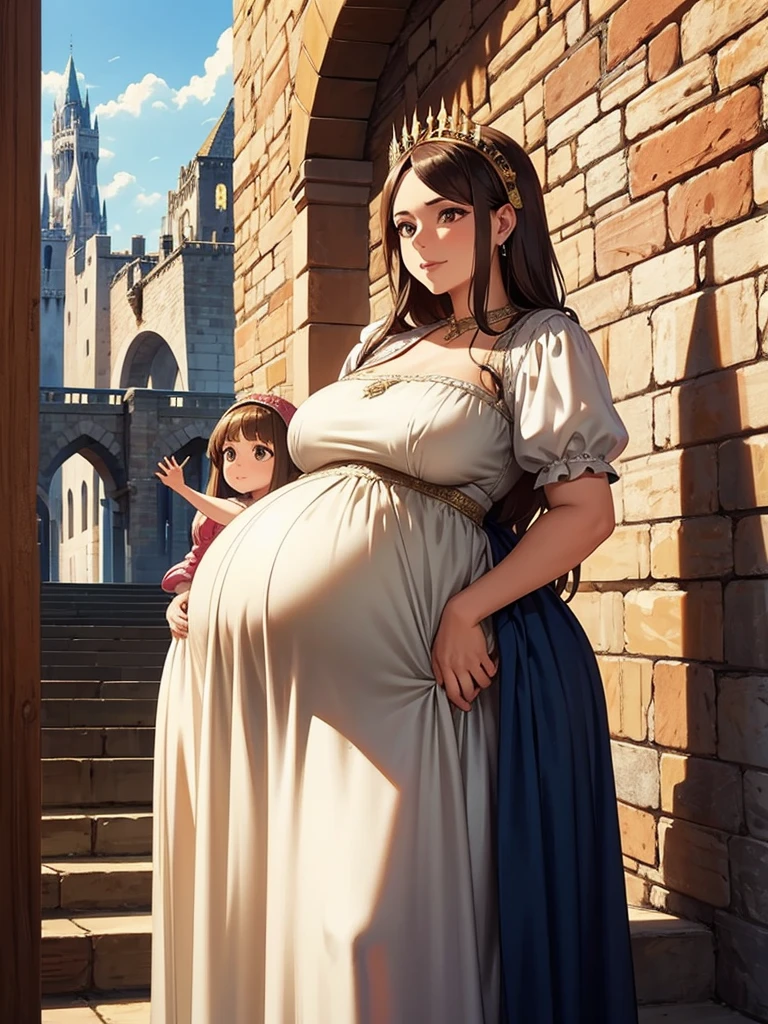 Pregnant mother with her pregnant daughter, with long dresses, queens, set in medieval times, castillo, 