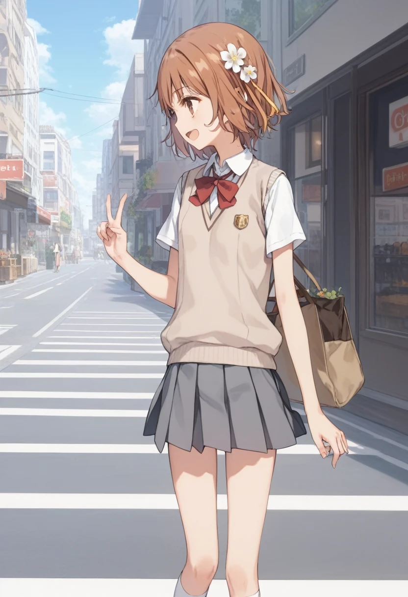 Score_9, Score_8_superior, Score_7_superior, Score_6_superior,
No correction,
One girl, ミコトがsuperiorがった, Short Hair, Brown Hair, Hair accessories, Hair Flowers, Brown eyes, skinny, Slender body, tiny, Small breasts,
skirt, shirt, uniform, white shirt, Short sleeve, pleated skirt, grey skirt, Sweater vest, tokiwadai uniform, V-neck, White socks, loafers,
Outdoor, city, shop, Day, street, Cafe,
enjoy window shopping,
 put your hands in your hair,  walk, 
[profile,  
superiorper body, 
smile, Open your mouth and throw,  View your viewers,  (Reaching out towards the viewer:1.1), 
masterpiece, Best Quality,