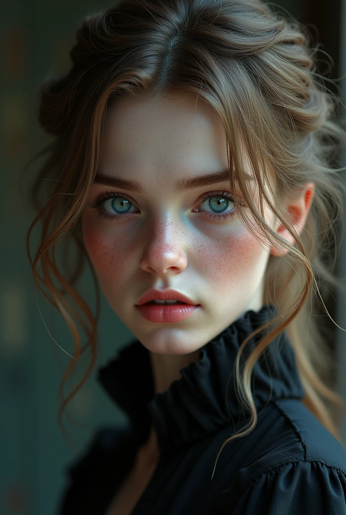 Generates a realistic front-view portrait with lots of lighting of a very white-skinned girl with slightly large pink cheeks., with freckles, showing tenderness, big light blue eyes, small nose, full lips and small mouth, long eyelashes, eyebrows, long and bushy brown, round chin not so marked, with hair up , that does not interfere with your face