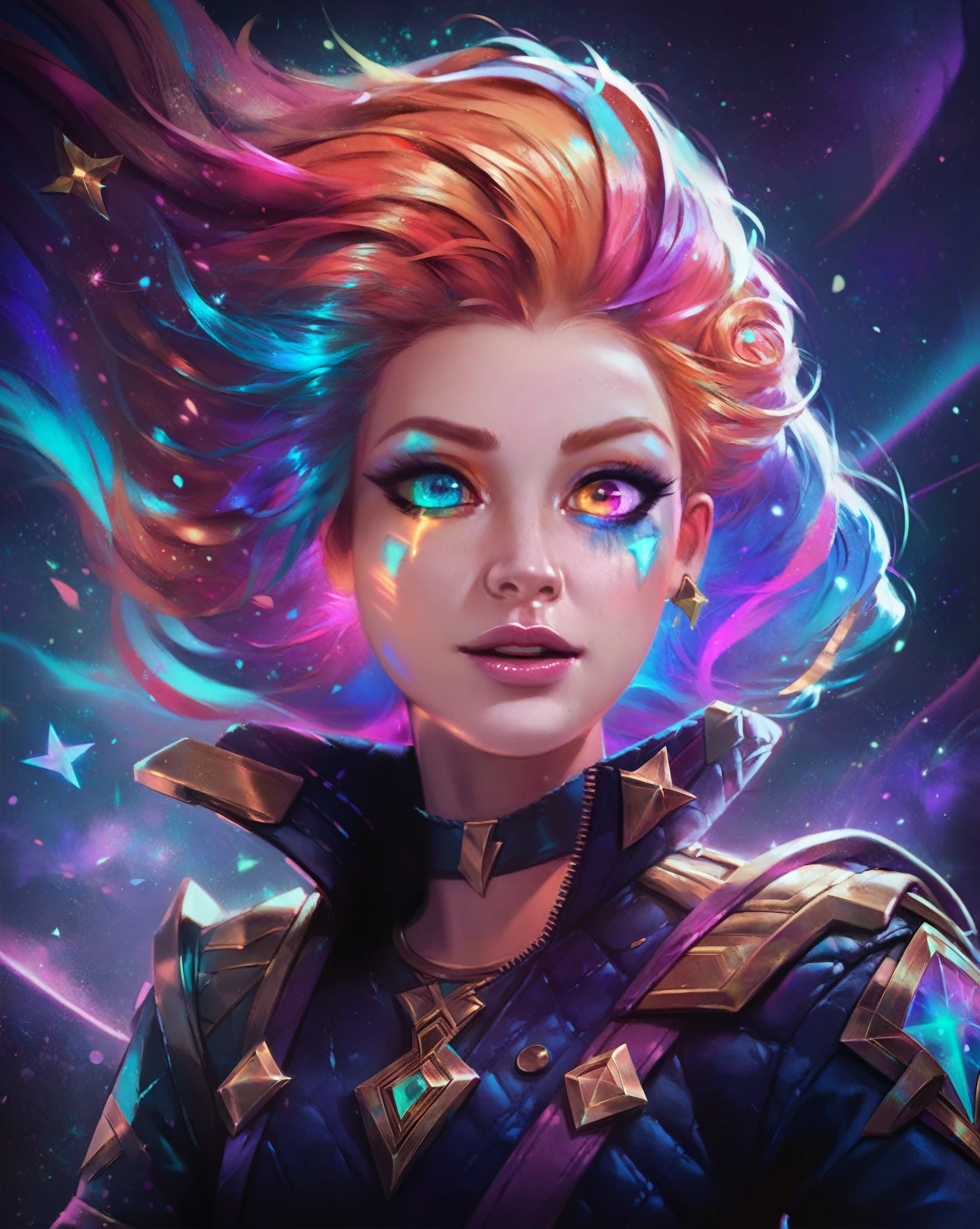 Masterpiece, best quality, score_9, score_8_up, score_7_up, score_6_up, masterpiece, best quality, Adorable Character 1girl zoe, (heterochromia), long multi colored hair, league of legends, Establishing shot, Wide Shot, ZIP2D