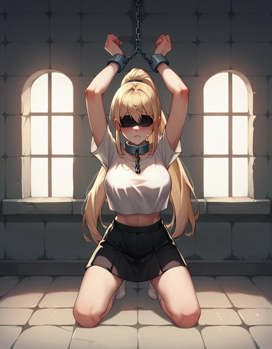masterpiece, detailed, best quality, beautiful girl, shackles, chains, collar, tied_wrists, arms up, 1girl, pink hair, long hair, blunt bangs, sidelocks, blue eyes, NanakusaCropTop, crop top, cleavage cutout, navel, short shorts, blunt bangs, big breasts, angry expression, looking at viewer, kneeling