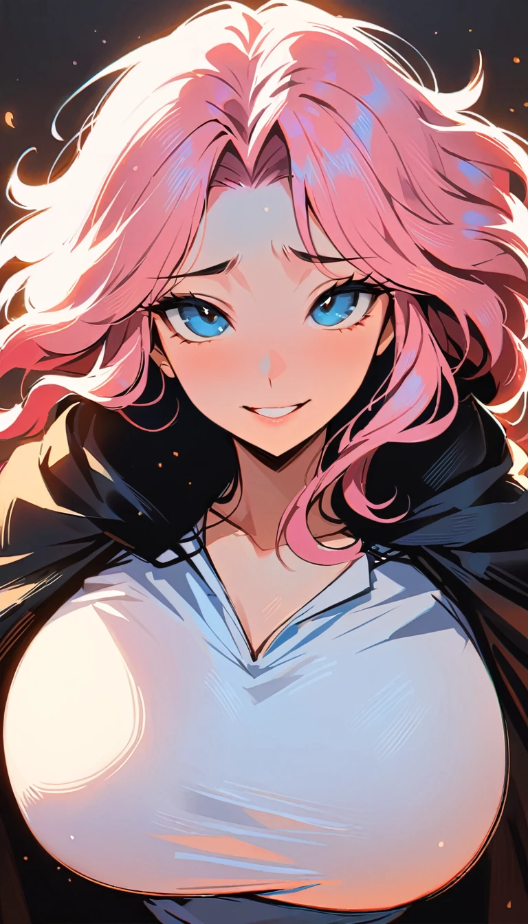 (high quality, 8k, 4K, high contrast, artwork:1.2, high quality, best aesthetics), (centered), ((1 woman)), erotic, sensual, mature body, grown woman, super detailed, beautiful face detailed, beautiful eyes detailed, detailed beautiful mouth, (pink hair), (long wavy pink hair), (blue eyes), (black eyeliner), (calm expression), (blushed), (long black cloak), (white shirt), (long black pants), (standing), (front view), (looking at the viewer), (big breasts)