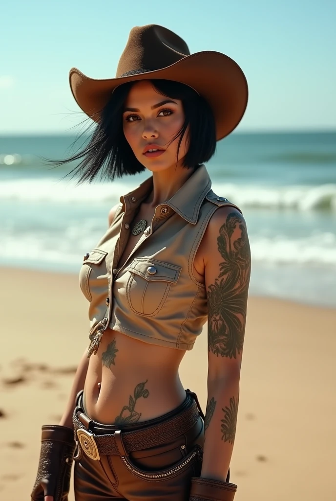 Amber Heard, She breast size is M cup, full body, she very sexy, she have perfect body, she so beautifully,She have good eyes,She is full of charm, close up,she so wet,She wears a thorn collar,She wears short jeans,(((Thorn Wrist Profit))),She's wearing boots.,((hip tattoo)),She is in the desert,She has a navel piercing.,She wears a leather cowboy hat.,There are cacti and horses in the background.