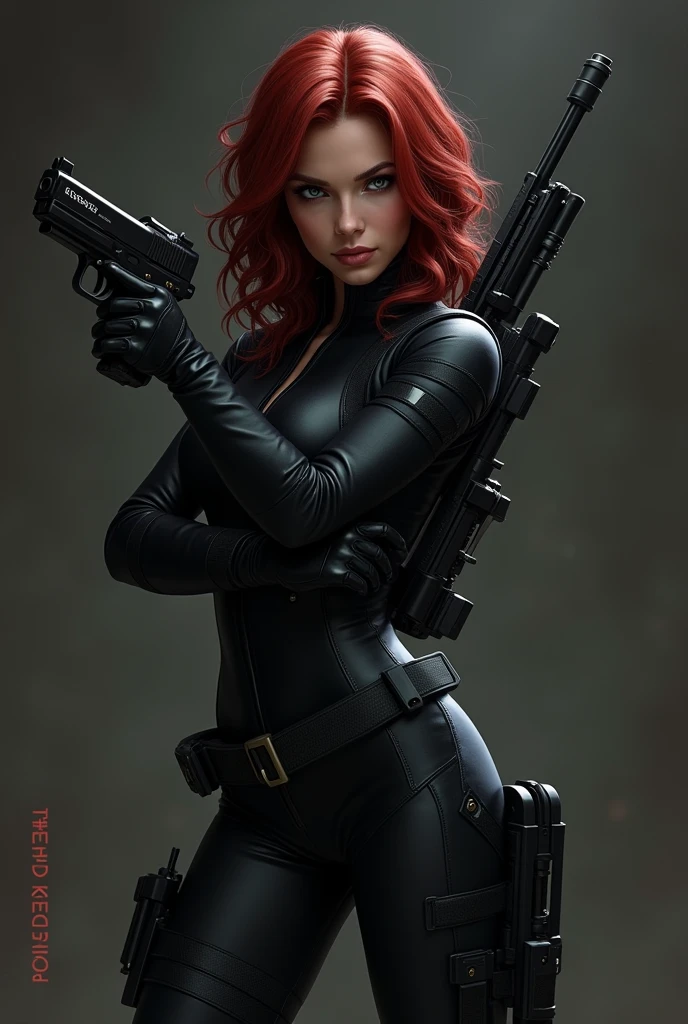 the Black widow from Marvel films, using a Deadpool costume suite without the mask, Scarlett Johansson's faces