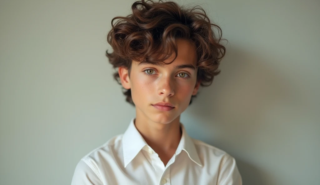 analog film photo, modern day photo of a young student, 14 years-old, male, brown-black hair, long curly hair, brown eyes, caucasian, round face, oval-shaped jawline, bulbous nose, full lips, thick eyebrows, soft features, stocky broad frame, chubby, resembles Gaten Matarazzo, (relaxed school uniform:1.1), silhouette, backlit, split lighting, half face in shadow, RAW Photograph, dslr, hard lighting, hard shadows, high quality, film grain, Fujifilm XT3, detailed skin with visible pores, insane details, masterpiece, 8k, 35mm photograph, dslr, kodachrome, faded film, desaturated, 35mm photo, grainy, vintage, Kodachrome, Lomography, stained, highly detailed, found footage, yearbook portrait, contemporary, 2024