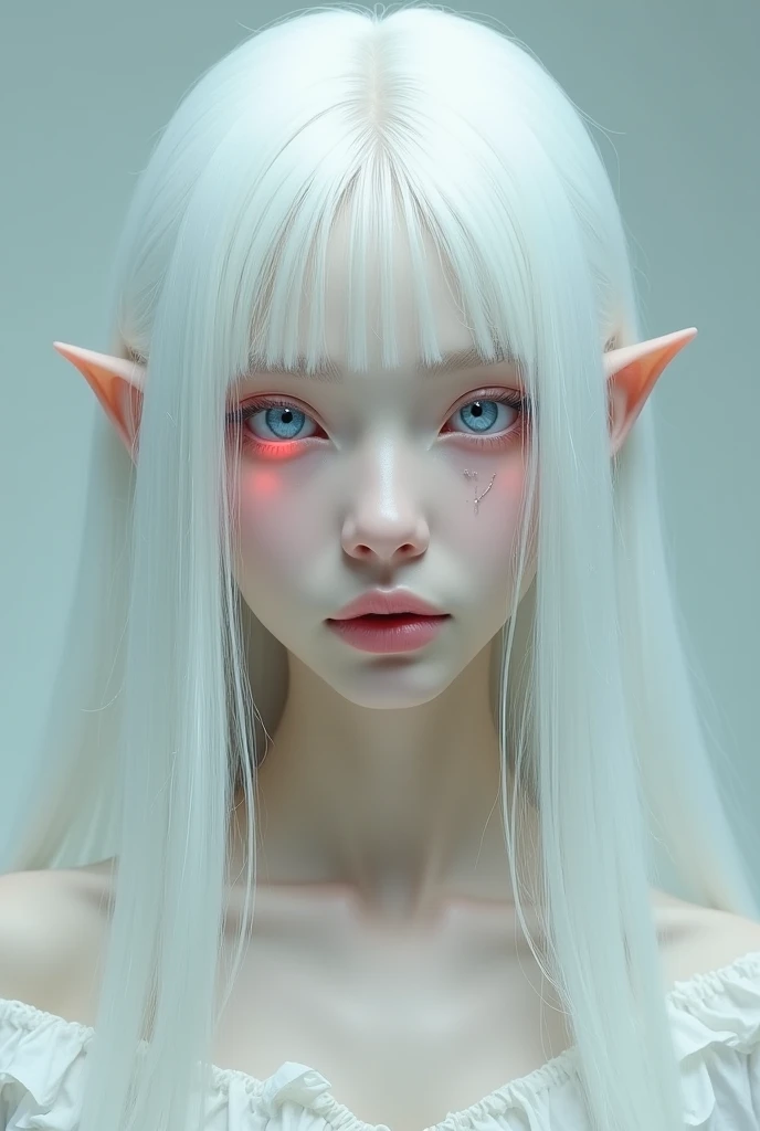 ultra detali, high qualiy, work of art, face detailed, gorgeous eyes(detailedeyes), mythology artwork, Extremely pale skin, colorless skin, purple horns, a face of perfect proportions, black eyes with yellow pupils, keep an intense gaze, white hair, Very hairy armpits, armpits full of hair, color gradient on the skin, white and purple skin, no clothing, extremely hairy vagina, vaginal hair reaching the belly, completely hairy vagina, veil on face