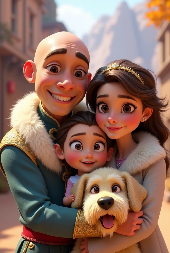 Disney Pixar style image of a Prince Charming with very very short hair, almost bald, white skin brown eyes, smiling next to his long black haired snow white wife, white skin brown eyes y pecas, Pretty and her daughter, a  girl with light brown hair and golden highlights, hazel eyes, white fur dressed as Elsa and a light yellow dog with a very hairy face and body, resembling a mix between a schnauzer and a west highland terrier, all hugging and smiling