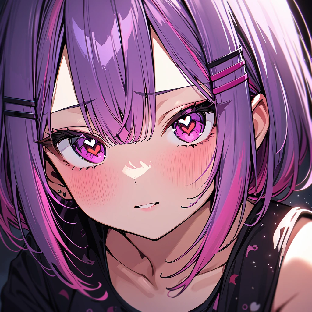 (Kirigiri Kyoko), portrait, (danganronpa), (masterpiece, best quality, ultra detailed), (looking at viewer), (pov, ), (cinematic lighting), stylish pose, sexy, romantic, upturned eyes, from above, (covered nipples), black tee,