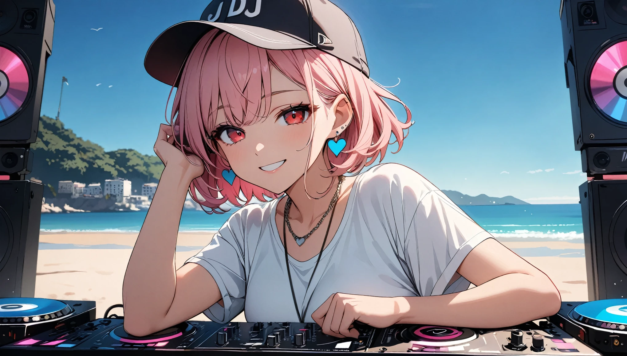 (high quality, 8k, 4K, High Contrast, masterpiece:1.2, 最high quality, Best aesthetics),high angle shot, ((1 female:1.4)),((Operating DJ equipment:1.5)), ((Blue sky seaside background:1.3)), (Loose Fitting White Color Shirt:1.1), (Simple Baseball Cap) ,DJ headphones, ((Flat Color)),High Contrast, Contrasting colors, , Pale pink and blue lighting,Pink Hair, Red eyes, Denim shorts, Looking at the audience, (The best smile), Sleepy eyes, ((Short Hair)) , (Tied Hair), Small heart-shaped earrings in both ears, Bright eyeshadow, necklace,Young