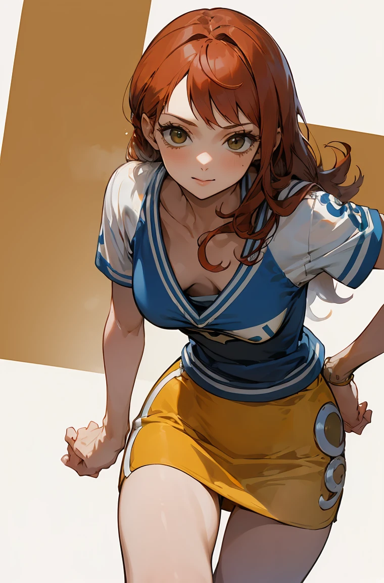 Best Quality, Masterpiece, detailed, correct anatomy, Nami (pre timeskip), Red hair, blue and white shirt. Yellow skirt, looking at viewer, leaning forward, downblouse