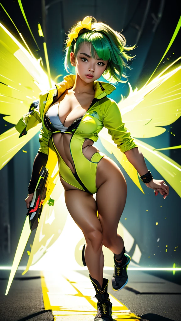 ((Best quality)), ((masterpiece)), (detailed: 1.4), Female fighter pilot defined muscular body, wearing a stewardess hat, half-thick bare thighs, closed mouth, only panties, muscular body parts covered by technological clothing, (((large breasts)) perfect, generous neckline, ((green and yellow clothing, dark blue arm with white stars)), Brazil, pastel, mohawk black short hair with yellow green locks, short underwear, garter belt, by mucha, niji --V5, close to real, best quality, almost naked, psychopathic, crazy face, inside an airplane cockpit, piloting, sexy pose, starry night background, 2 pieces outfit, star and lightning drawings on the arms, cyberpunk, dark green bra with white stars, stars covering the breasts, (((clothes with the colors of the Brazilian flag))), Pointed shoulder pads, Green eyes without pupils, HDR (High Dynamic Range),Ray Tracing,NVIDIA RTX,Super-Resolution,Unreal 5,Subsurface dispersion, PBR texture, Post-processing, Anisotropic filtering, Depth of field, Maximum clarity and sharpness, Multilayer textures, Albedo and specular maps, Surface shading, Accurate simulation of light-material interaction, Perfect proportions, Octane Render, Two-tone lighting, Wide aperture, Low ISO, White Balance, Rule of Thirds, 8K RAW, crysisnanosuit