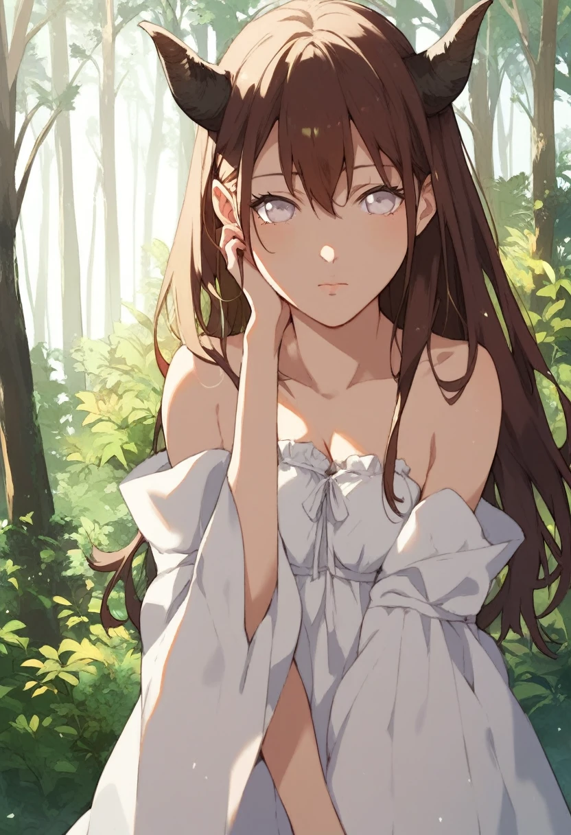 ((Masterpiece)), (Anime:1.5), ((best quality)), (Professional Photography:1.3), (High Definition), (RAW photo:1.2), (12 years old), (small breast), (sad face, very blush), 1girl, slim, slender, silky long hair, beautiful low-cut, leaning forward, facing viewer, (O-ring), (plunging-neck sexy dress:1.4), V-neck, strappy sandals, simple hoop earrings, shell necklace, on forest, (cute pose), slender waist,