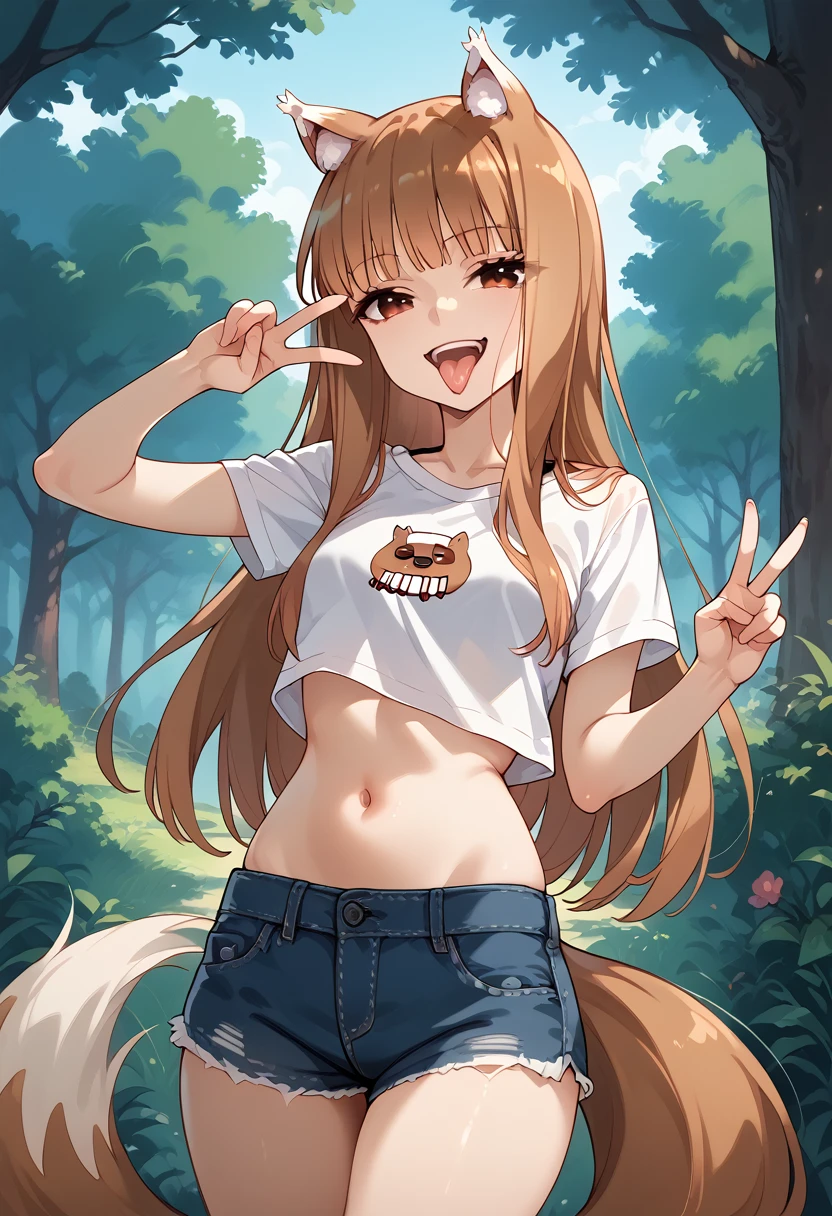 masterpiece,High resolution,Best Quality,8k
(run,Spice and Wolf)White shirt,Black Skirt
(skinny,Small breasts,Animal ears and tails)((Brown skin))
(Black crop top,Denim shorts,belly button)Bad Smile,Open your mouth and stick out your tongue,Peace sign