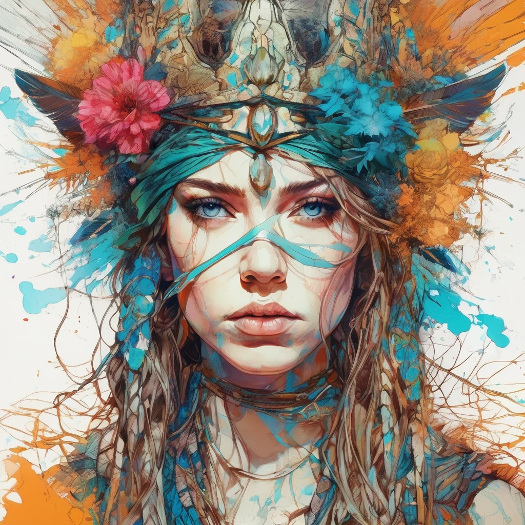 [full torso painting of a viking woman's face:abstract background:0.55], extremely detailed face and eyes, explosive pose, expressionism, digital art, colorful background, absurdist, highly detailed, (brush strokes:1.2), (acrylic paint:1.1), (pointillism), muted colors, (complimentary colors), by satoshi kon, by alphonse mucha, by raphael, mature adult:1.5, realistic:1.23
