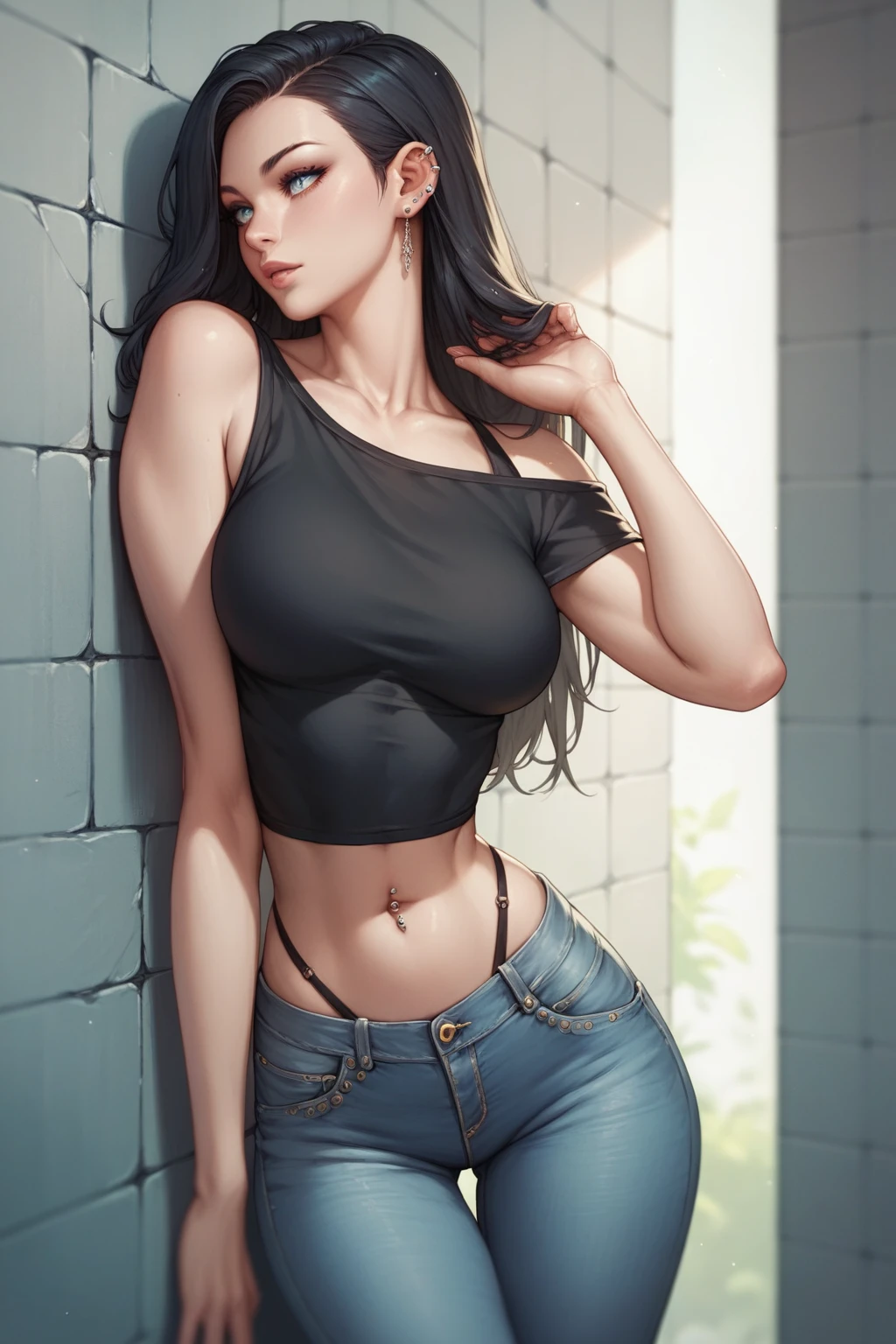 Beautiful and elegant lady with medium-length hair, showcasing her nice body in a loose shirt and short, tight jeans The focus should be on her half body, emphasizing her thick and beautiful thighs Shy look and flirty mood showing off her left shoulder