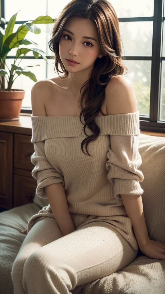 (ung girl), extremely detailed CG unified 8k wallpaper, highly detailed, High-definition raw color photos, professional photograpy, Realistic portrait, long hair, big breasts, (Off-shoulder with wide open breasts:1.3), naked, Indoors, sitting, legs wide open, (((Bokeh))), depth of fields,