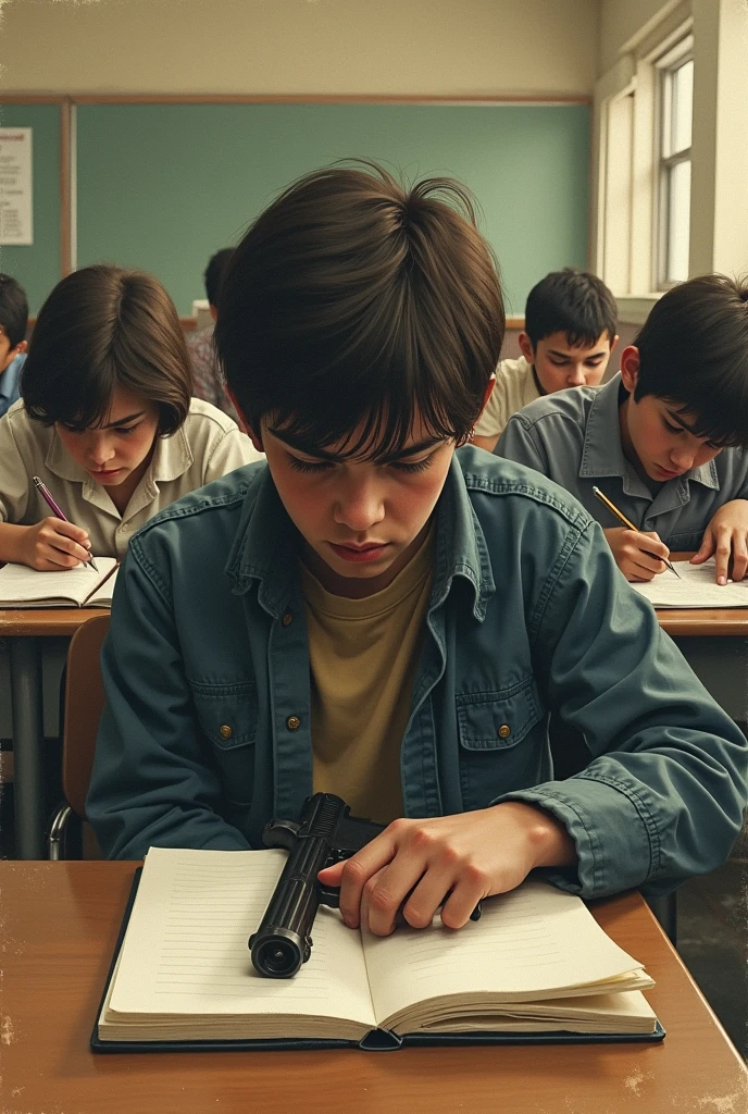 Six year old Brazilian boy, Beautiful facial features, extremely white skin, dark hair with lighter streaks, dark shaped eyes, wearing a Star Wars-themed shirt over a white middle school shirt . The boy is sitting at a wooden table in the classroom, Looking ahead with a mix of apprehension and challenge. On the table, uma box rotulada como "toys" full of various small items, like toy cars and action figures. High-resolution image aiming for a mix of 3D anime and photorealistic styles. Shot through a 35mm lens for a cinematic feel, with a slight tilt to dramatic effect. Depth of field is shallow, focusing on the boy and gently blurring the background. The color palette leans towards warm earth tones, com estalos de cores vibrantes como a camisa de Star Wars e toys para contrastar com a gravidade da situação. No fundo, A police officer is at the entrance to the classroom, positioned in the right corner of the frame, giving the boy a stern look. Another officer is in the left corner, He handcuffed the boy and had a serious conversation with a teacher who seems concerned. Both officers are in uniform, increasing the severity of the situation. The mood suggests the boy is being arrested for an illegal sale operation at the school. The lighting is warm, mas natural, Creating soft shadows and highlights that emphasize facial expressions and textures. 3D anime elements include exaggerated eye size for the boy and stylized hair. Photorealistic elements include detailed textures on the table, box, and attire, as well as realistic skin shadow and lighting effects. The scene should convey a palpable tension, enhanced by the contrast between the anime and realistic elements, ((((without any clothes)))