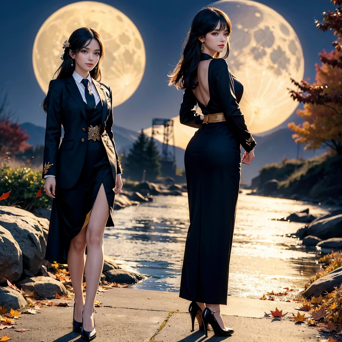 a beautiful perfect-bodied Korean woman with slightly wavy black hair. She is wearing an evening dress, black knee-high boots with details, walking on a sidewalk lined with plants and lampposts. Overlooking the lake. The background is a lake road, cityscape at night, clear moon, cloudy, HD.