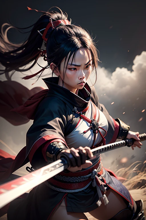 The enigmatic samurai woman (Musashi Miyamoto) wielding a long Japanese sword, Splitting with every powerful blow、Shrouded in mist that obscures vision, revealing a vivid and supernatural scene, The clarity of the sword&#39;s cut against the hazy background, mysterious background, The white fox&#39;s piercing gaze met that of the observer., A layer of ethereal mist enveloping the foreground, perforated, clear eyes, An exquisite and detailed kimono, dramatic lighting and colors