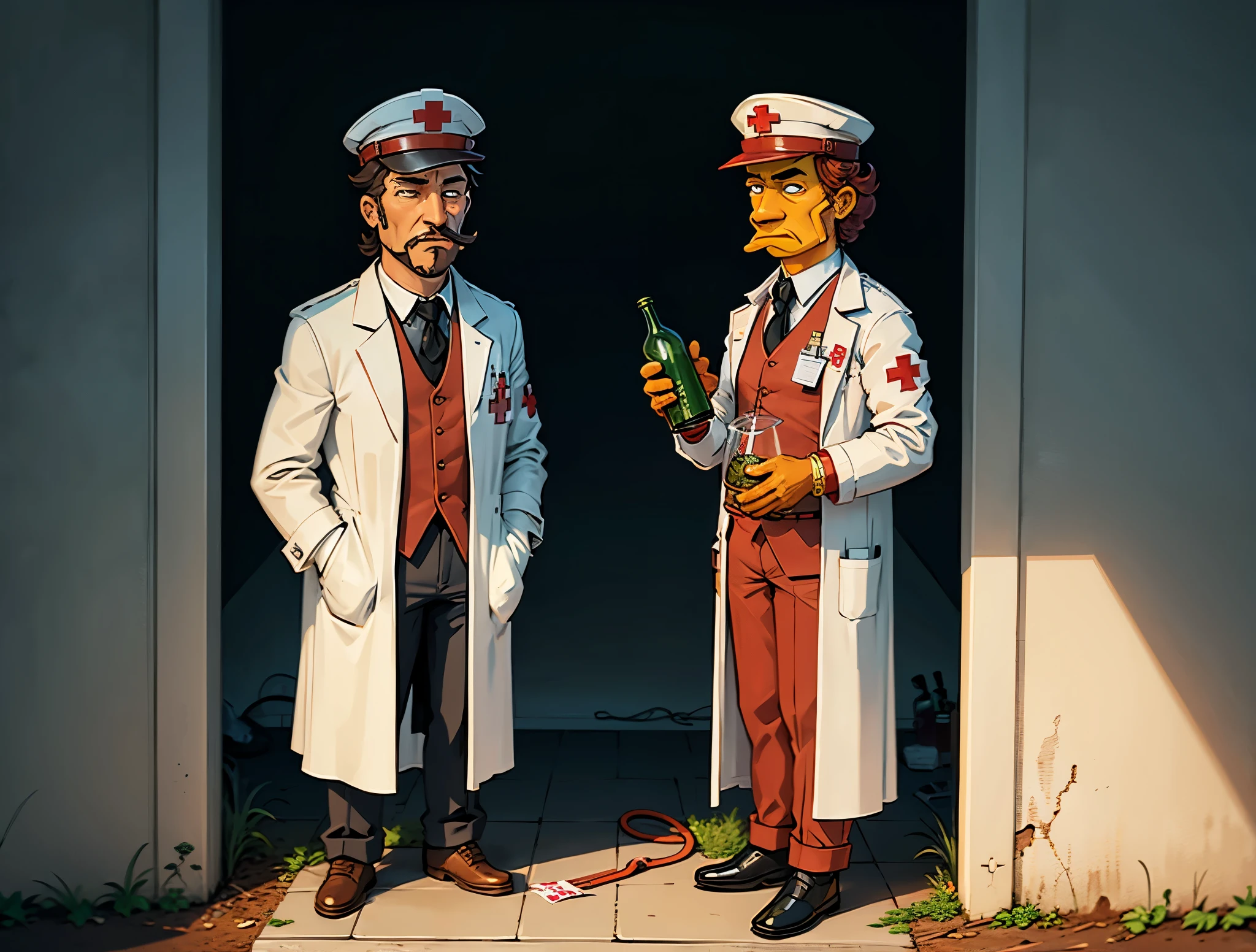  Comic art, cartoon.Two persone side by side. Dirty man-drunkard and doctor. drunkard holding a bottle in his hand, dressed (dirty and torn), doctor holding a I.V. med transfusion system in his hand, wearing a white coat and a cap with a red cross. parody of  sculpture "Worker and Collective Farm Woman" by Vera Mukhina.  Stylish pale abstract background. Masterpiece, detailed. 