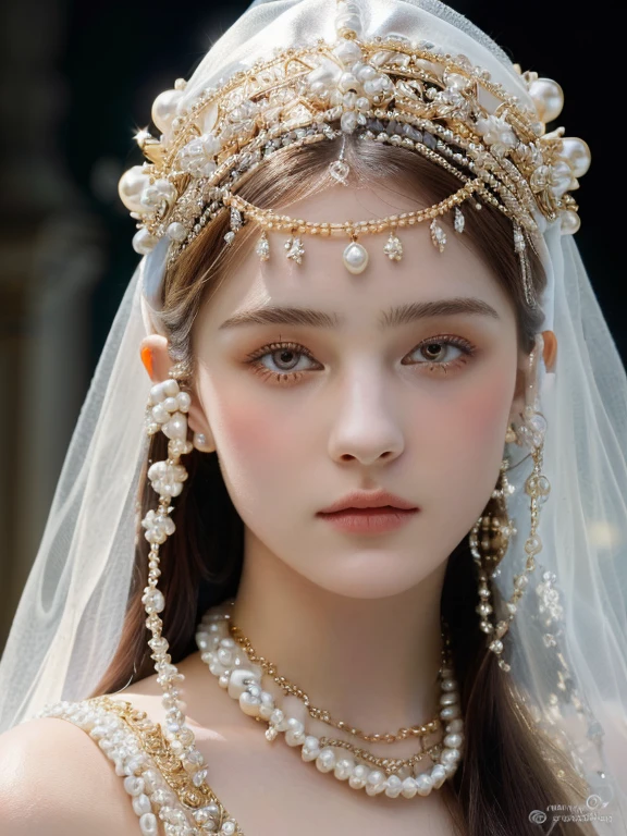 A close-up of a young woman wearing a veil and pearls and golden eyes., Enjoyed fleece, Veils and jewelry, pale porcelain skin, Inspiration in Konstantin Vasilyev, ornate fountain, fountain, Yelena Belova, In a high renaissance style, Elaborate and ornate headdress, Forehead Jewelry, sergey vasnev, karol bak from emma watson monja