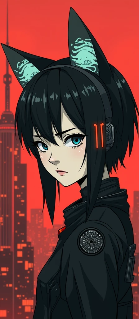 (cyber punk:1.3),android, kuchiki rukia,black hair, short hair, hair between eyes, 1 little girl,(nipples:1.3), red eyes,