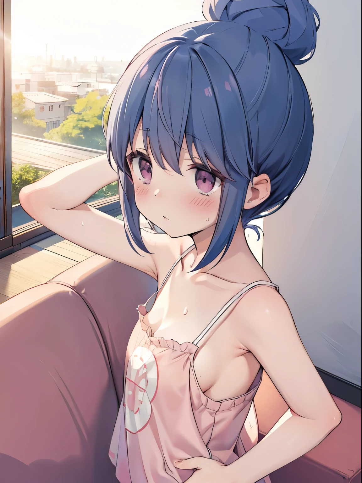 ((Shima Rin)),  Bun Head, from above, (blush, sweat, shy), (camisole), Raise one arm, armpit, Pink Panties, Detailed depiction of underwear, Small Breasts Living Room, Sofa, Detailed breast depiction, cute girl,  Detailed background depiction, Vivid depiction of eyes