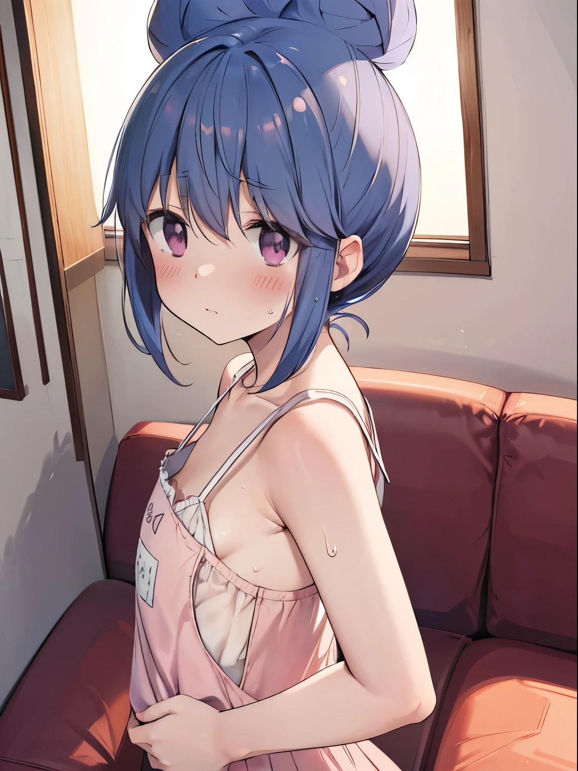 ((Shima Rin)),  Bun Head, from above, (blush, sweat, shy), (camisole), Raise one arm, armpit, Pink Panties, Detailed depiction of underwear, Small Breasts Living Room, Sofa, Detailed breast depiction, cute girl,  Detailed background depiction, Vivid depiction of eyes