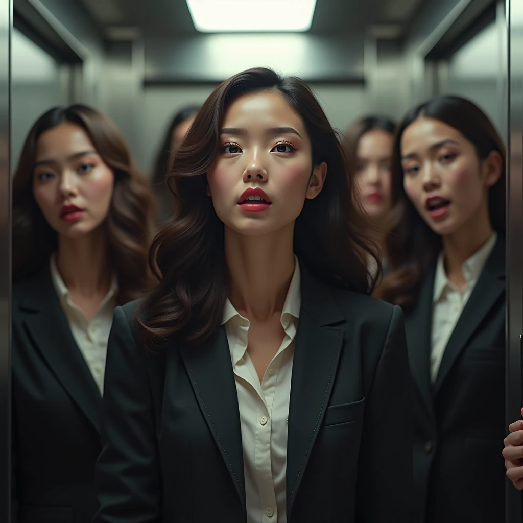 5 Asian girls ,Big tits , office girl outfit , Low angle camera,sexy, Rope Punch , White shirt, red skirt, red lips , seductive pose ,Milk handle ,Kiss on the mouth.,Background of several naked men flying kites
