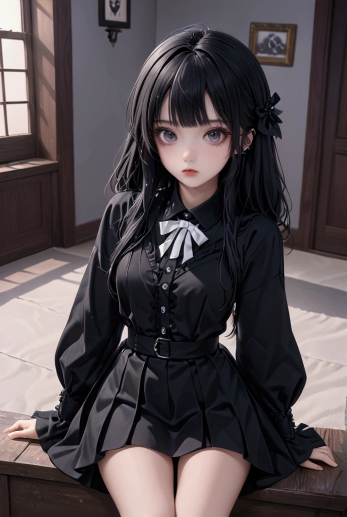 Masterpiece, Best Quality, Super Detailed, UHD, Surreal, 1girl full body, Jirai kei style, beautiful charming girl, black hair, dark gray eyes, cute adorable face.