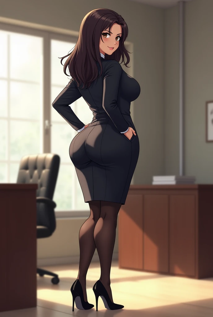 masterpiece, best quality, extremely detail 8k cg, high resolution, 1girl, kurenai yuhi, black hair, red eyes, choker, outfit-gls, sweater, high-waist skirt, high heels, perfect ass, huge breasts, outdoors, garden, standing, beautiful face, wide shot photo, full body, from behind