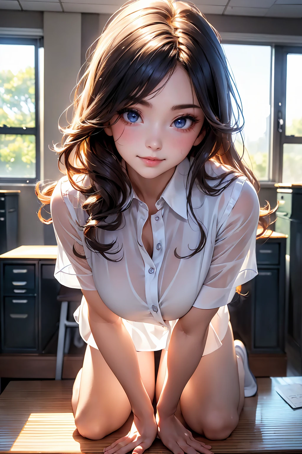 ((Anatomically correct depiction、masterpiece、Best Quality、8k))、Baby Face、Attractive beautiful large almond-shaped eyes、Long eyelashes、美しい桜colorの唇、A high, well-defined nose、color々Hairstyle、Beautiful and shiny hair、((Realistic:1.3))、Bold composition、Highly detailed face、Detailed、Golden Ratio Face、Ultra-high resolution、((Beautiful, translucent white skin:1.3))、((Busty:1.2))、漂い出るcolor気、Sweaty skin、Warm sunlight、classroom、Innocent Smile、Japanese school girl uniform、((Kneeling on the desk:1.3))