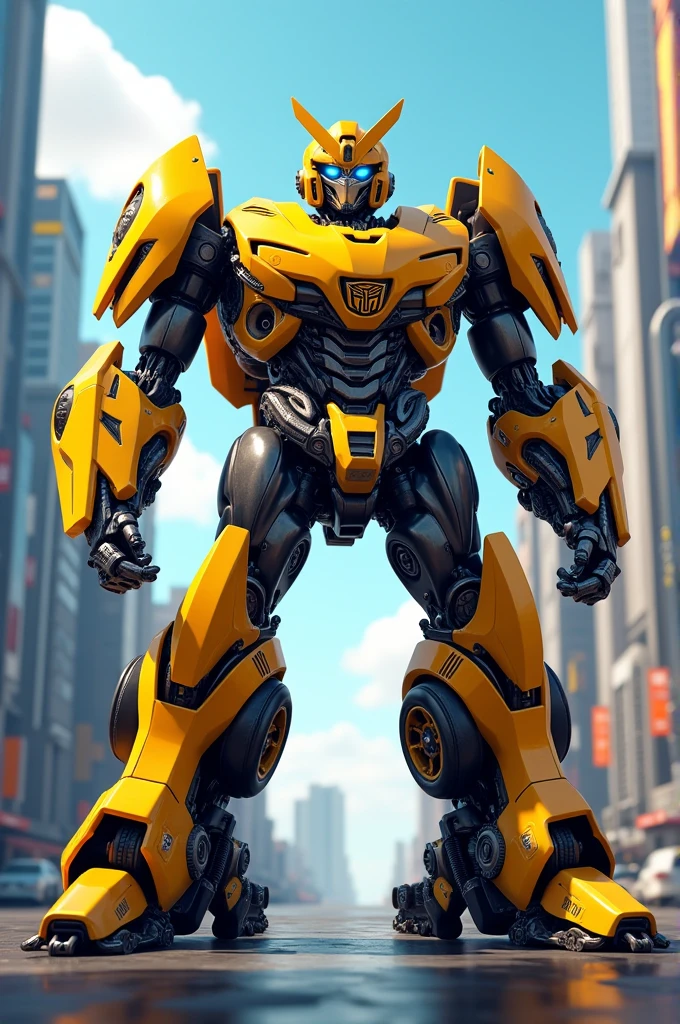 A Transforms-style robot, amarelo, raios amarelos ao redor do corpo e olhos com brilho laranja