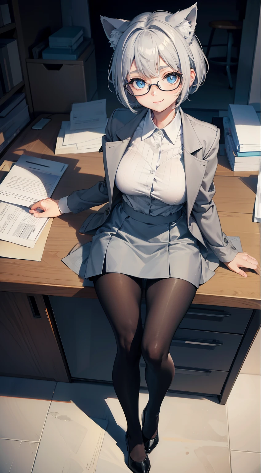 (masterpiece), (best quality), (High quality), high resolution, BREAK expressive eyes, perfect face, 1girl, grey cat ears: 1.5, medium hair, grey hair, pixie cut, BREAK, (big eyes, perfect eyes, blue eyes, thick eyelashes, thin eyebrow, BREAK short height, slim bulid,  happy smile, medium breasts, BREAK grey woman's jacket, white shirt, short grey skirt, black pantyhose, black heels, halfglasses, BREAK sitting behind desk, (holding documents in both hands:1.2), full body, view from the front, (in the office),