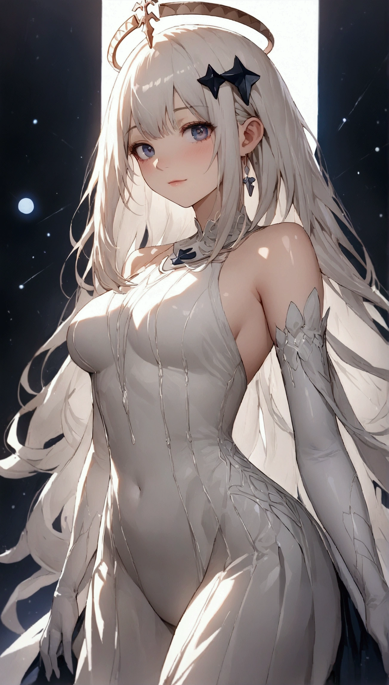 masterpiece, Highest quality, (alone focus), (Perfect Face:1.1), (Attention to detail:1.1),dramatic, (an alluring albino angel guy with long flowing pure white hair and piercing White eyes),1 person, (Pale skin), Long Hair, White eyes, alone, Long Hair, moon, night, White luxury suit, Covered navel, Pouting, Covered, Future City, Detailed Background, Artgerm Cinema Lighting, Roses and vines, fashion, Balenciaga Style