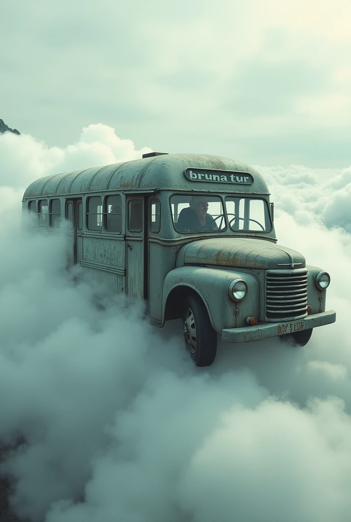 Best quality, masterpiece, road background, bus with human face, old bus, peeling paint, wrinkled face, expressionless face, bearded face, sci-fi, detailed science, life science, detailed image texture, creepy, scary, creepy atmosphere (not AI image), cloudy weather, fog, low color image, creepy, character filling the screen, image from different angles