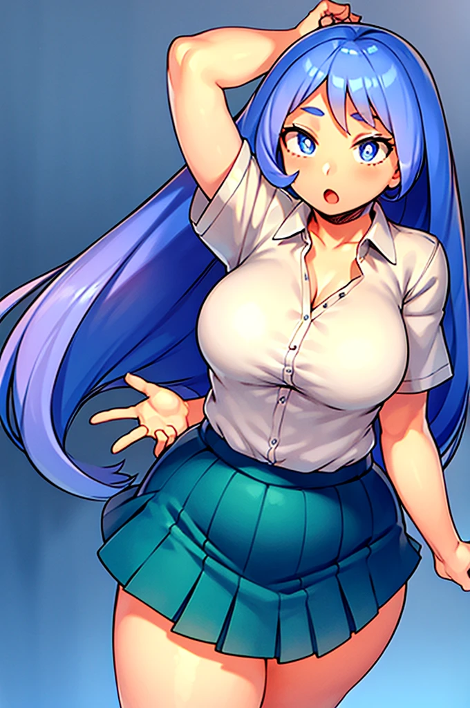 1 Female,High definition,high resolution,Ultra-realistic,8K, aaserena, kr1, multicolored hair, dyed bangs, white shirt, sleeveless,  green skirt, tight skirt, miniskirt, pleated skirt,large breasts,European,sexy,Upper body close-up,Photographed from the front,Dynamic Angles,blush, huge tits , happy, wink the eye,facial, sweat,multicolored hair,((nipples)),((show tits)),(wide thighs:1.4),(white lace panties),(show panties),(from below),(skirt lift:1.4),green neon lights