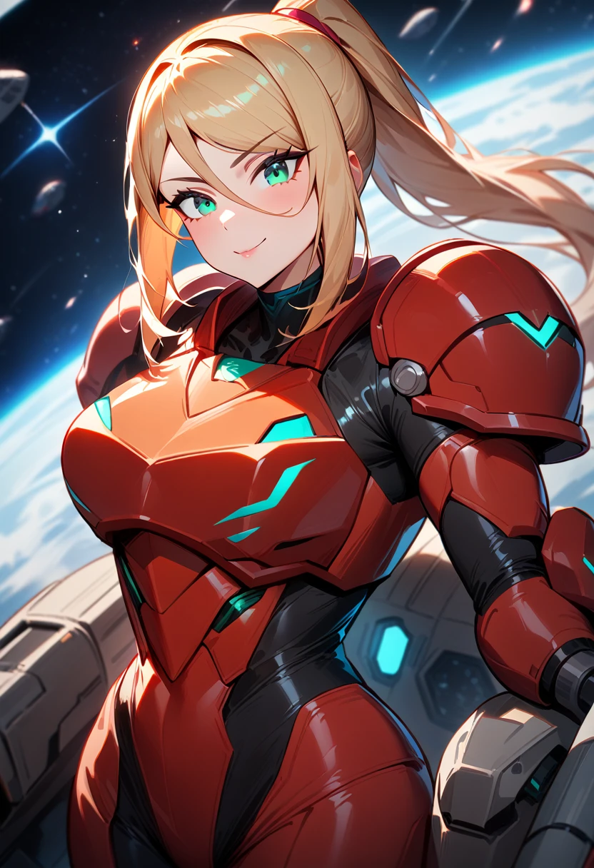 1girl,Samus aran,solo,helmet, green eyes,blonde hair,power armor,ponytail,arm cannon,red chest armor, big shoulder armor,cowboy shot,in space ship,zero gravity,Science fiction,ultra-detailed,sharp focus,aesthetic,(best quality), inviting felllatio, teasing,