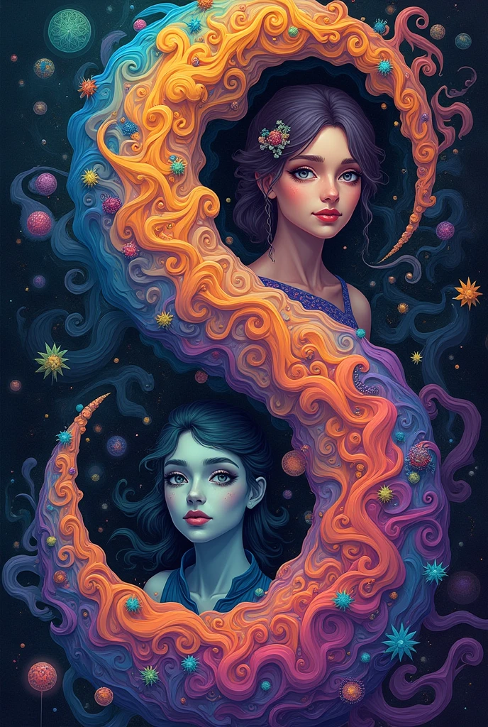 ((Best quality, 8k, Masterpiece :1.3)) beautiful woman: 1.3, handsome face, leaning her ass against another woman's ass, saturated colors, psychedelic image, LSD, mandala, fractral, costume, tattoo, painted body, wedding outfit, body tilted forward, art similar to Alex Grey's art, lots of color saturation, vortex, ultra realistic, planet earth, galaxy, with lots of lighting, shading and contrast, RPG, mage, realistic eyes, green iris, 3D depth, melting --auto --s2