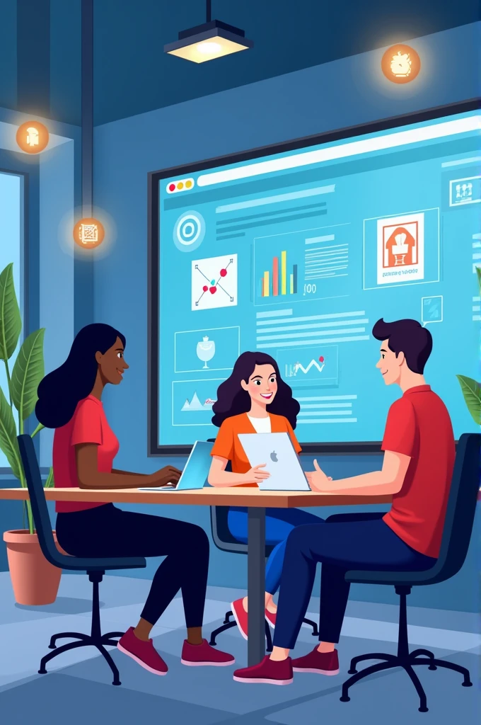 Create an animated background of a modern office with smiling employees working horizontally

