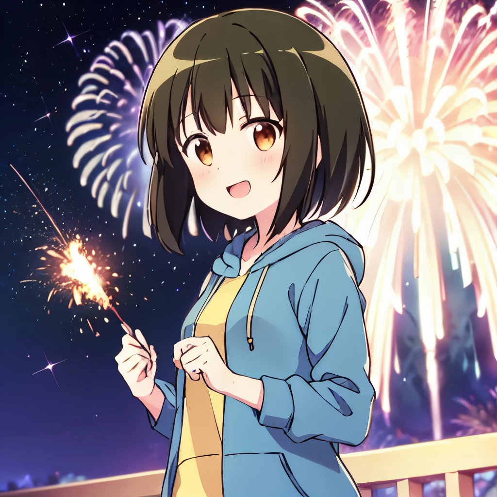 Laughing girl wearing light blue hoodie and yellow shirt holding fireworks, dark night, stars in the sky and colorful fireworks, beautiful lighting, girl looking at the viewer, beautiful and clear details, high resolution